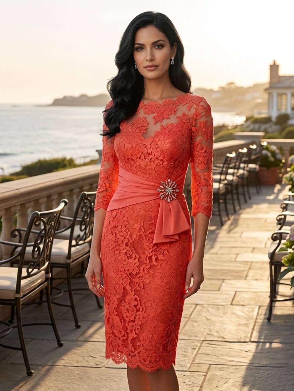 Rickie Freeman Teri Jon Coral Floral Lace Sheath Dress | Brooch Accent | Size 12